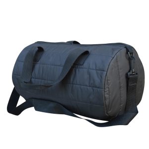 Navy blue quilted sports duffle bag with adjustable shoulder strap and carry handles.