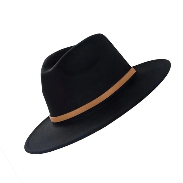 Black wide brim fedora hat with a tan leather accent band.