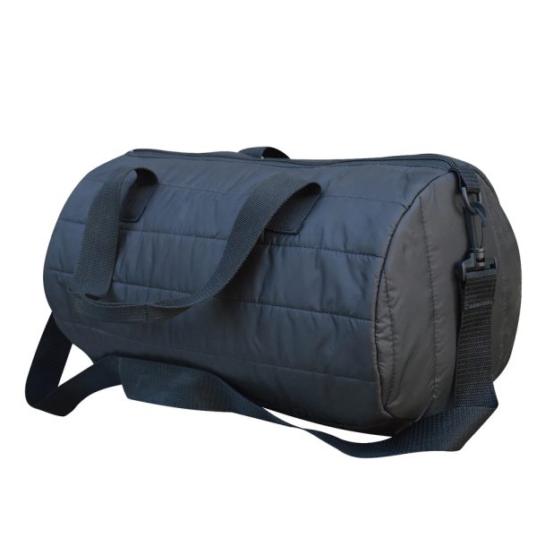 Navy blue quilted sports duffle bag with adjustable shoulder strap and carry handles.
