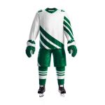 Green and white custom ice hockey uniform set with gloves and striped design.