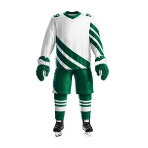 Green and white custom ice hockey uniform set with gloves and striped design.