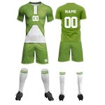"Custom green and yellow soccer uniform with gradient graphic design, displaying team name and number on the front and back."