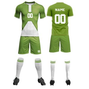 "Custom green and yellow soccer uniform with gradient graphic design, displaying team name and number on the front and back."