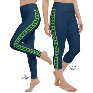 Women’s navy blue leggings with green side pattern in full-length and capri crop designs.