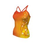 Bright orange and yellow ladies’ singlet with starburst and swirl pattern.