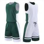 Reversible basketball uniform set in green and white colors with sleeveless jersey and matching shorts.