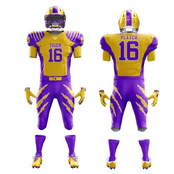 Football uniform in yellow and purple with tiger claw design, front and back views with helmet, gloves, and full padding set.