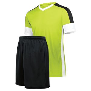 Green and black soccer uniform set with white sleeve accents – includes jersey and shorts
