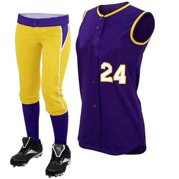 Purple and yellow girls’ softball uniform with sleeveless jersey and matching pants, jersey number 24.