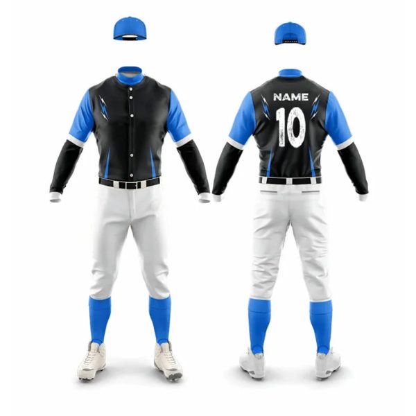 Royal blue and white baseball uniform set with long sleeve jersey, number 10, and white pants