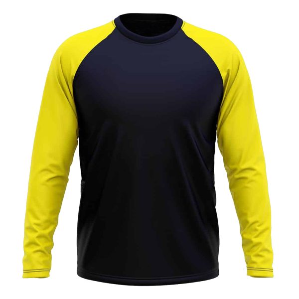 Black and yellow long sleeve sports jersey with contrasting raglan sleeves