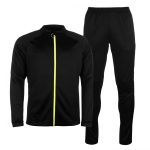 Black men’s tracksuit set with neon yellow zipper on the jacket and matching black pants.