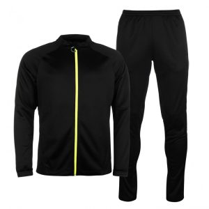 Black men’s tracksuit set with neon yellow zipper on the jacket and matching black pants.
