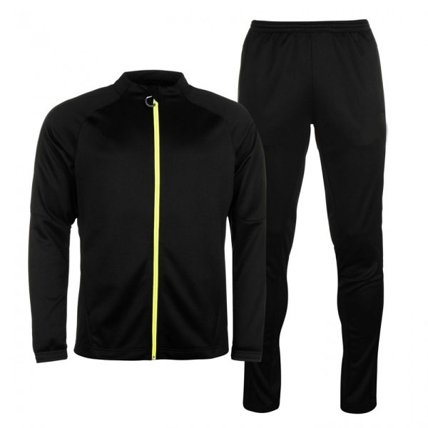 Black men’s tracksuit set with neon yellow zipper on the jacket and matching black pants.