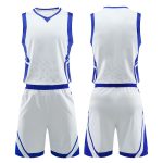 White basketball uniform with royal blue trim, sleeveless jersey and matching shorts shown front and back.