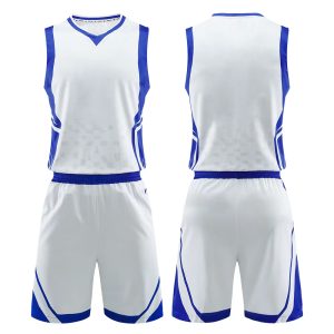 White basketball uniform with royal blue trim, sleeveless jersey and matching shorts shown front and back.