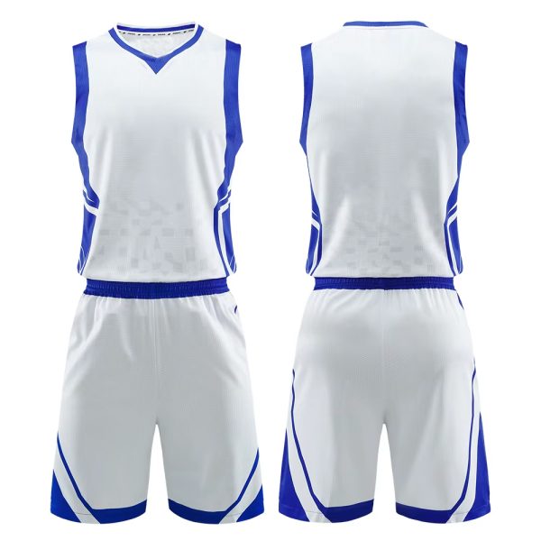 White basketball uniform with royal blue trim, sleeveless jersey and matching shorts shown front and back.