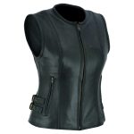 Women's black leather motorcycle vest with zipper front and side buckles.