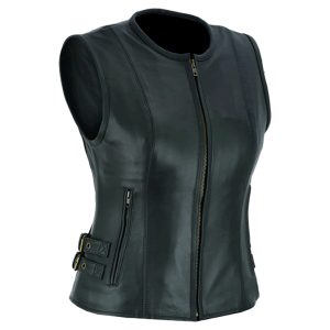 Women's black leather motorcycle vest with zipper front and side buckles.