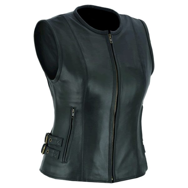 Women's black leather motorcycle vest with zipper front and side buckles.