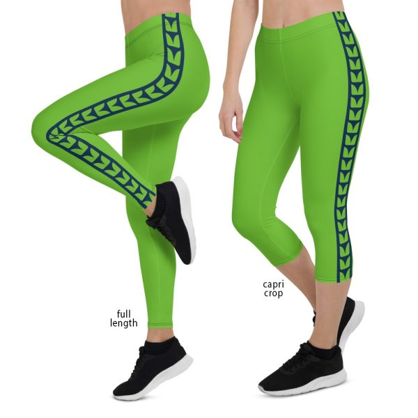 Women’s bright green leggings with blue side pattern in full length and capri crop styles.