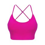 Fuchsia pink sports bra with light support and crisscross strappy back design.