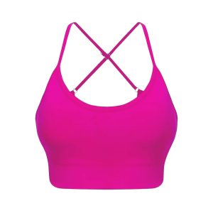 Fuchsia pink sports bra with light support and crisscross strappy back design.
