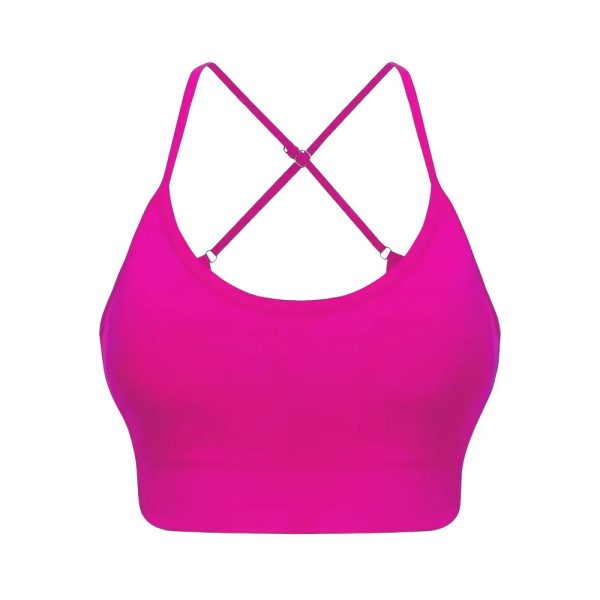 Fuchsia pink sports bra with light support and crisscross strappy back design.