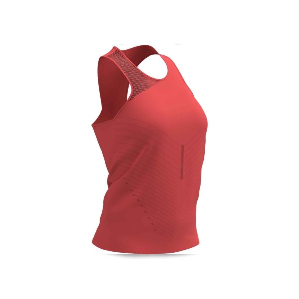 Red ladies’ sports singlet with breathable mesh panel and contour lines.