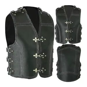 Men’s Black Gothic Leather Armor Vest with Buckle Closure