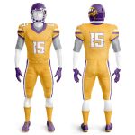 American football uniform in yellow and purple with Viking logo, front and back view on mannequin with helmet, gloves, and full gear