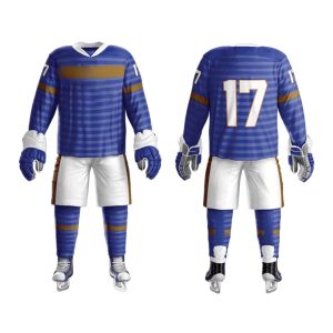 Custom blue and white ice hockey uniform set with number 17 on the back