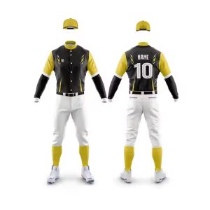 Black and yellow full-sleeve custom baseball uniform set with jersey number 10 and white pants.