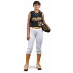 Girl wearing a sleeveless black softball jersey with “Pirates” text and number 12, paired with white pants and yellow belt and socks.