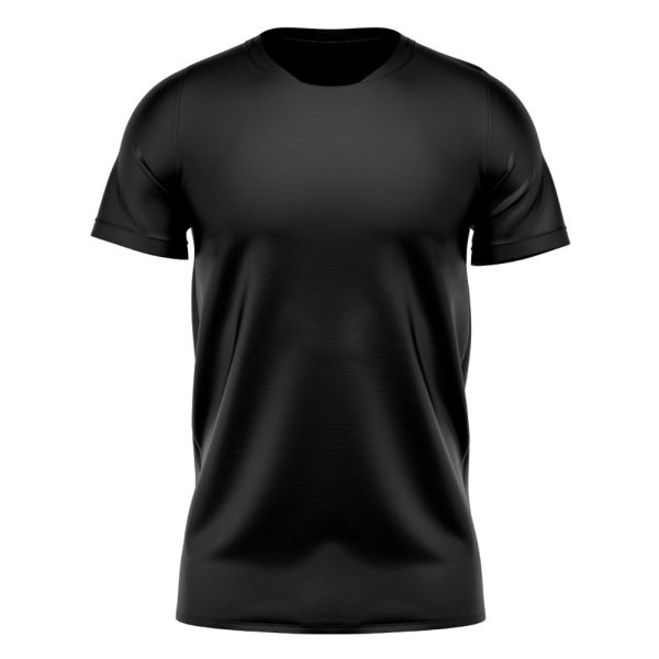 Plain black short sleeve performance t-shirt for sports and casual wear.