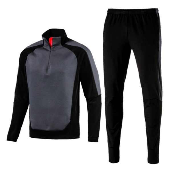 Black and grey men’s tracksuit set with quarter-zip pullover jacket and tapered pants.