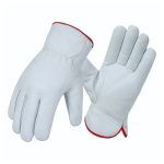 White leather work gloves with red trim for industrial and heavy-duty use.