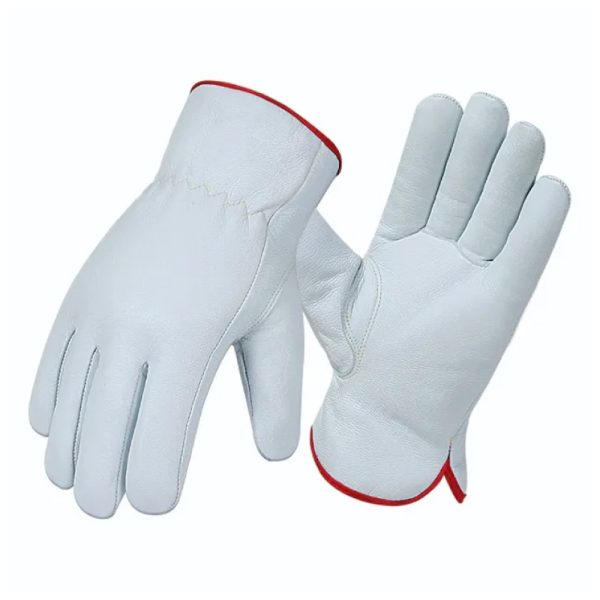 White leather work gloves with red trim for industrial and heavy-duty use.