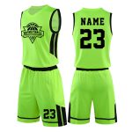Custom neon green basketball uniform with black trim and printed number 23 on jersey and shorts.