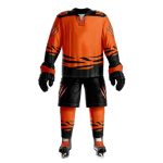 Orange and black ice hockey uniform with tiger claw design and matching gear.