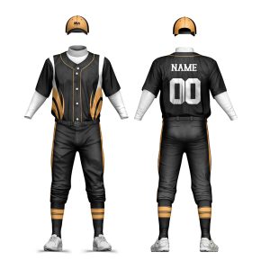 Black and gold custom baseball uniform set with short sleeve jersey, white undershirt, and black pants.