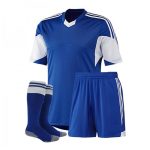 Royal blue and white soccer uniform set with jersey, shorts, and socks for team sports