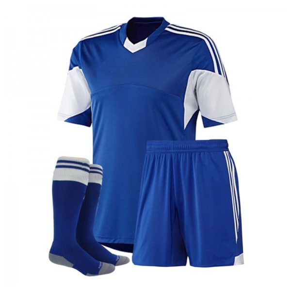 Royal blue and white soccer uniform set with jersey, shorts, and socks for team sports