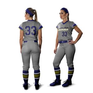 Front and back view of a women’s custom softball uniform in grey, purple, and yellow with "EAGLES" text and jersey number 33.
