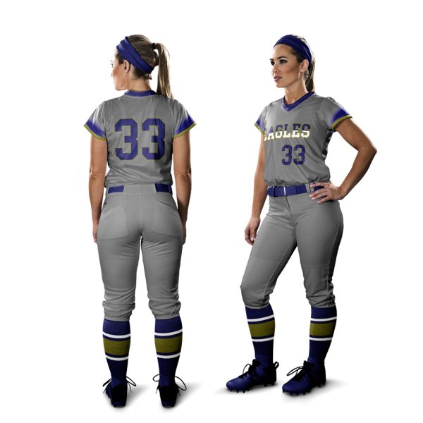 Front and back view of a women’s custom softball uniform in grey, purple, and yellow with "EAGLES" text and jersey number 33.