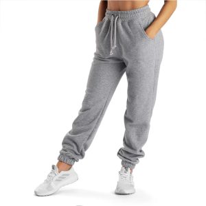 Women’s grey high-waisted joggers with adjustable drawstring, side pockets, and elastic ankle cuffs.