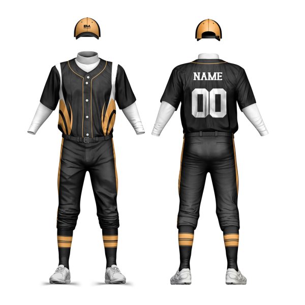 Black and gold custom baseball uniform set with short sleeve jersey, white undershirt, and black pants.