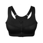 Black high support sports bra with front zipper and adjustable straps.