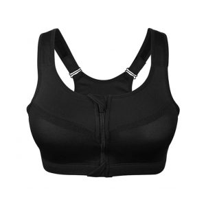 Black high support sports bra with front zipper and adjustable straps.