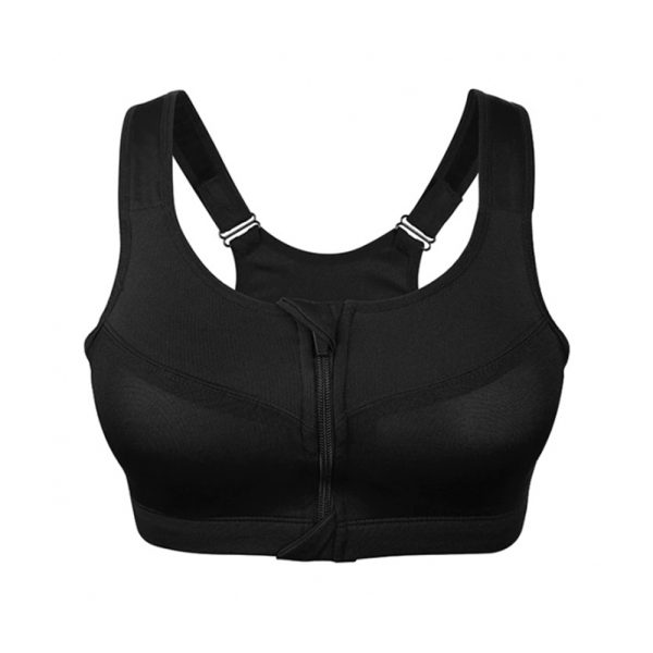 Black high support sports bra with front zipper and adjustable straps.